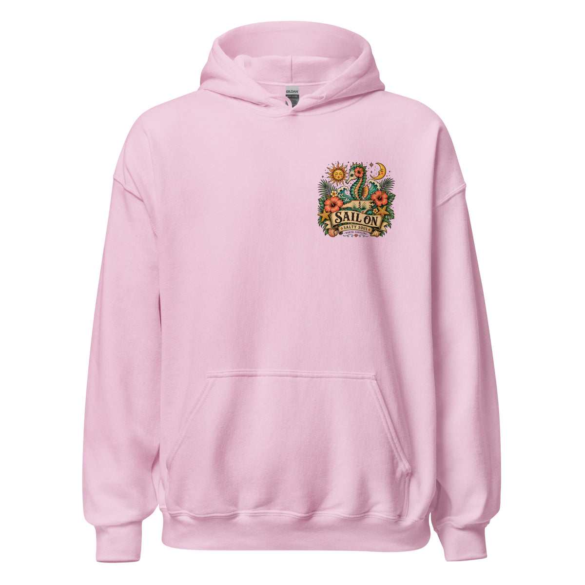 Salty Soul Hoodie in Light Pink, front view with Sail On left-chest logo