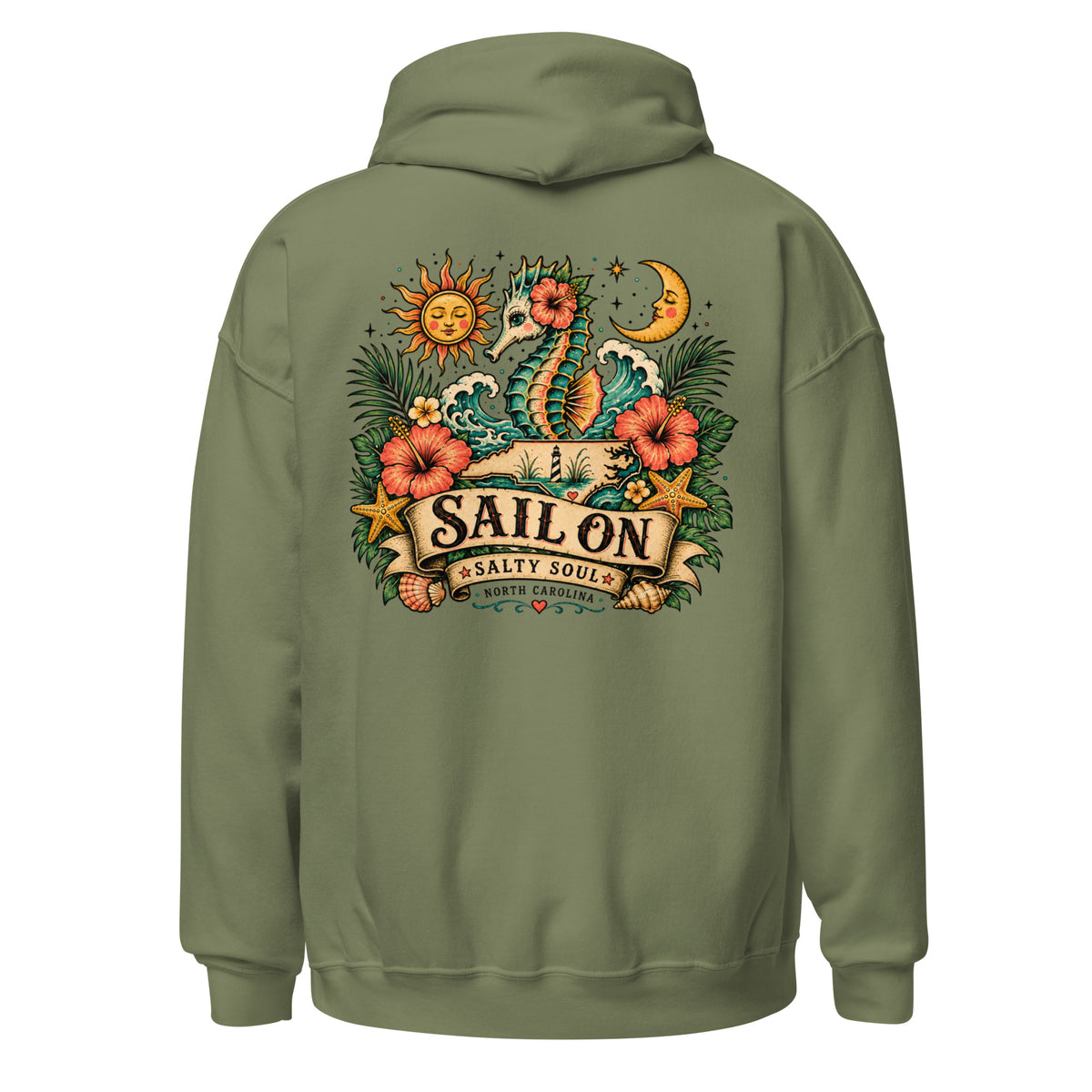 Salty Soul Hoodie in Military Green, back view with full Sail On Salty Soul back print