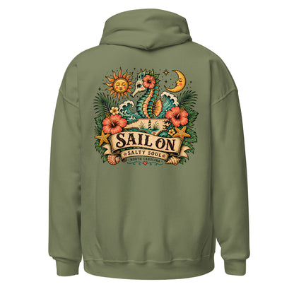 Salty Soul Hoodie in Military Green, back view with full Sail On Salty Soul back print
