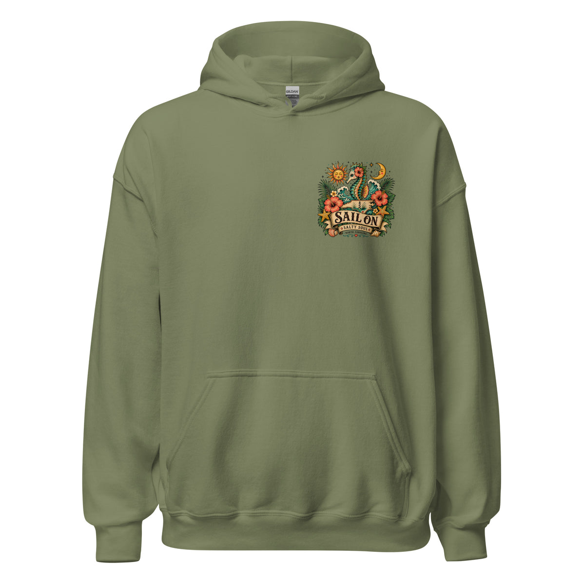 Salty Soul Hoodie in Military Green, front view with Sail On left-chest logo