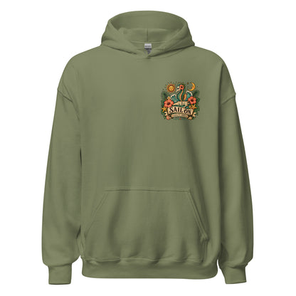 Salty Soul Hoodie in Military Green, front view with Sail On left-chest logo