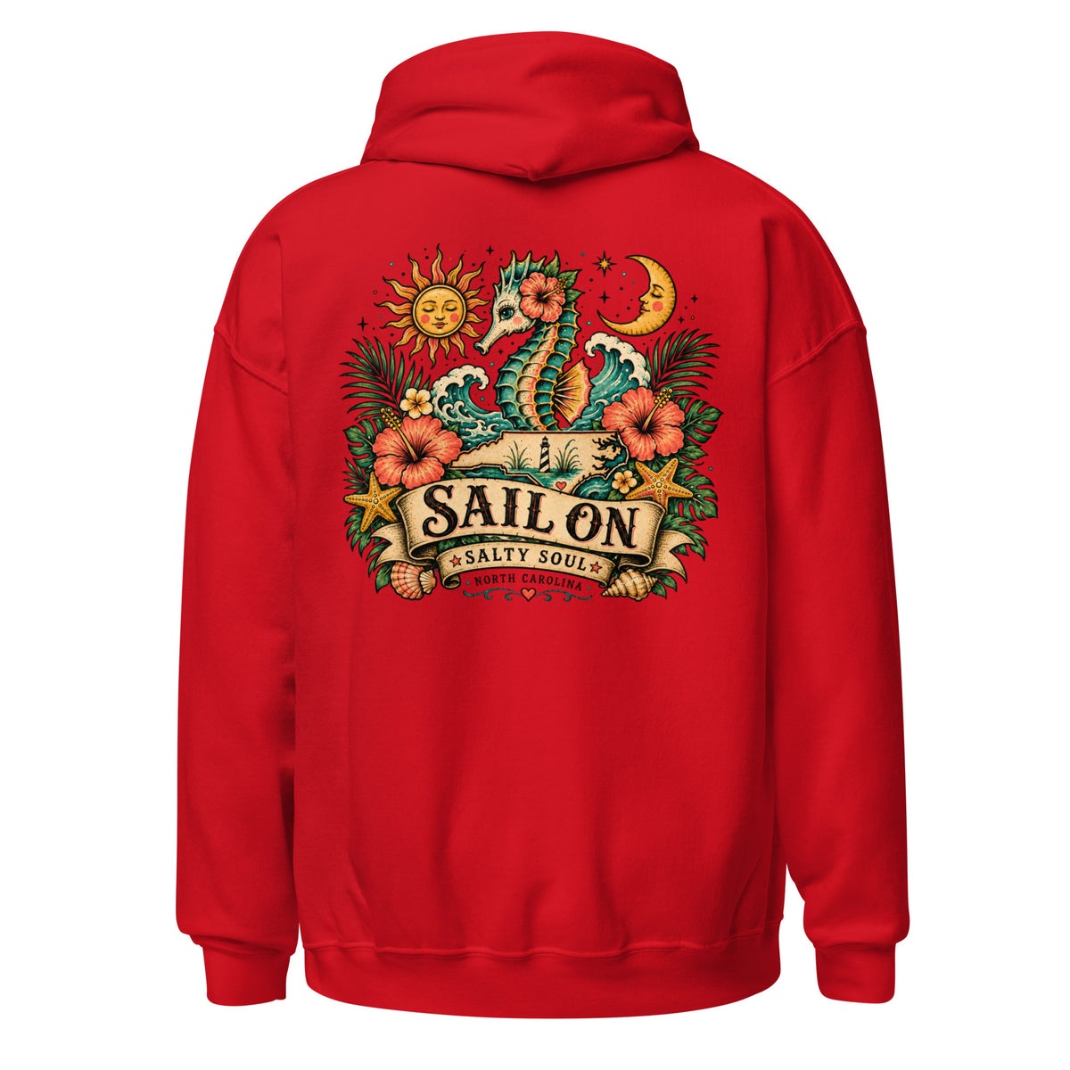 Salty Soul Hoodie in Red, back view with full Sail On Salty Soul back print
