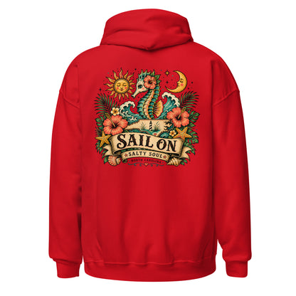 Salty Soul Hoodie in Red, back view with full Sail On Salty Soul back print