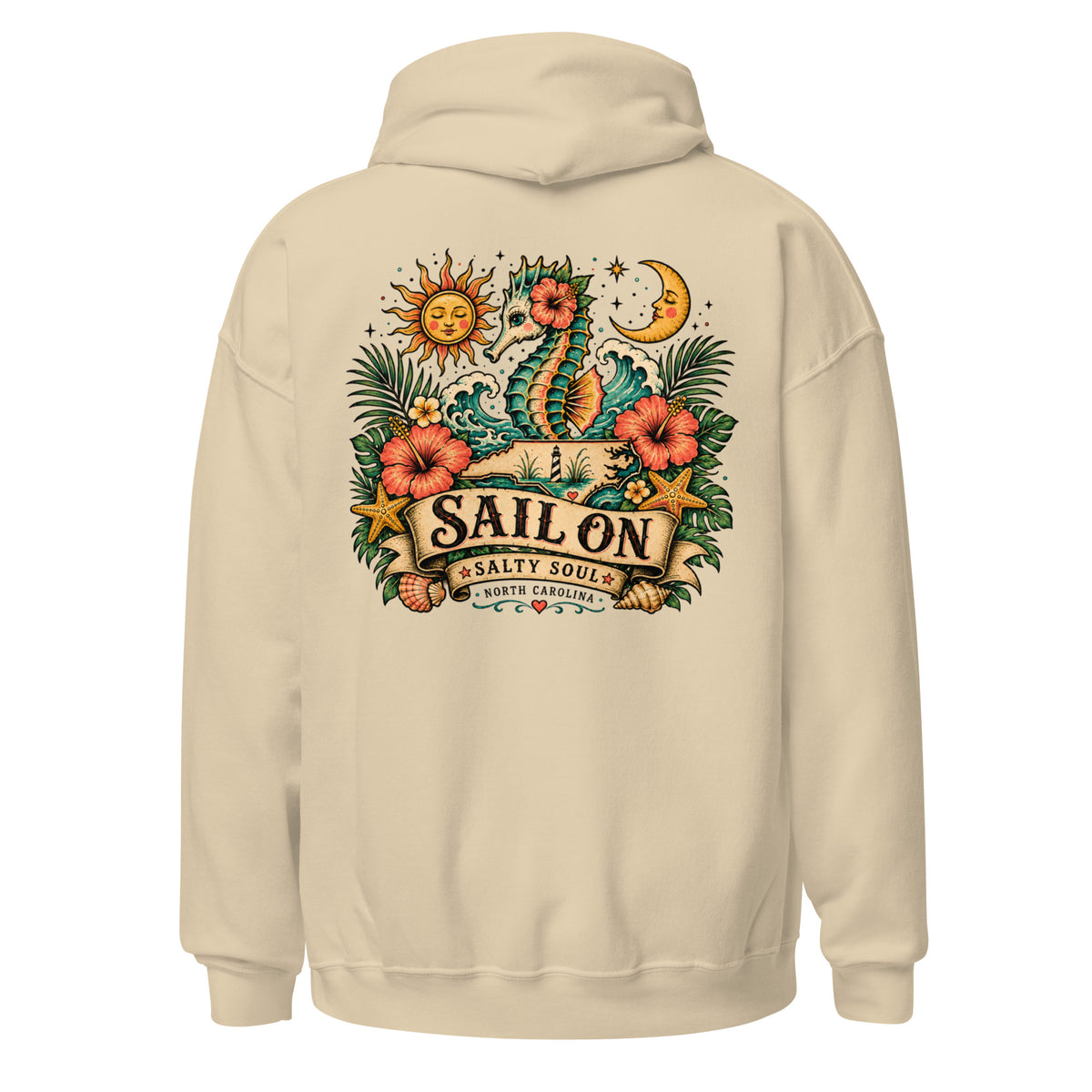 Salty Soul Hoodie in Sand, back view with full Sail On Salty Soul back print