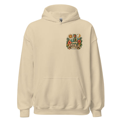 Salty Soul Hoodie in Sand, front view with Sail On left-chest logo