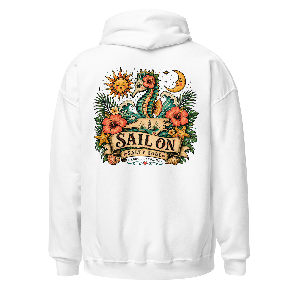 Salty Soul Hoodie in White, back view with full Sail On Salty Soul back print