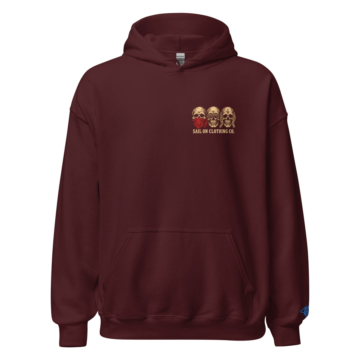 Tri Skulls Hoodie - Maroon - front