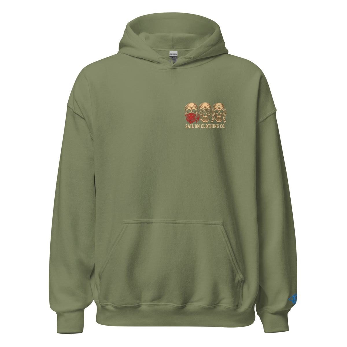 Tri Skulls Hoodie - Military Green - front