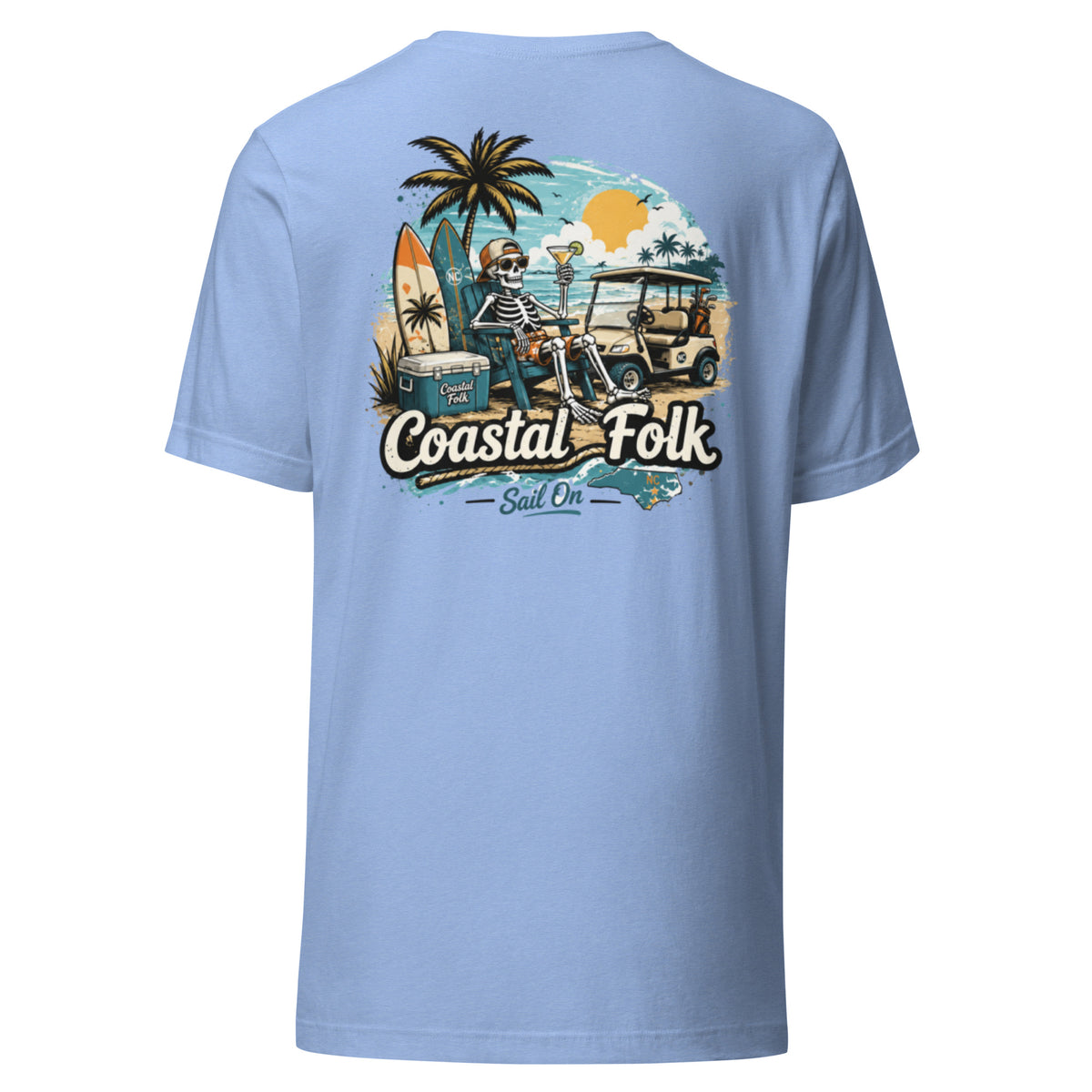Coastal Folk: Salty & Relaxed T-Shirt in Heather Carolina Blue, back view