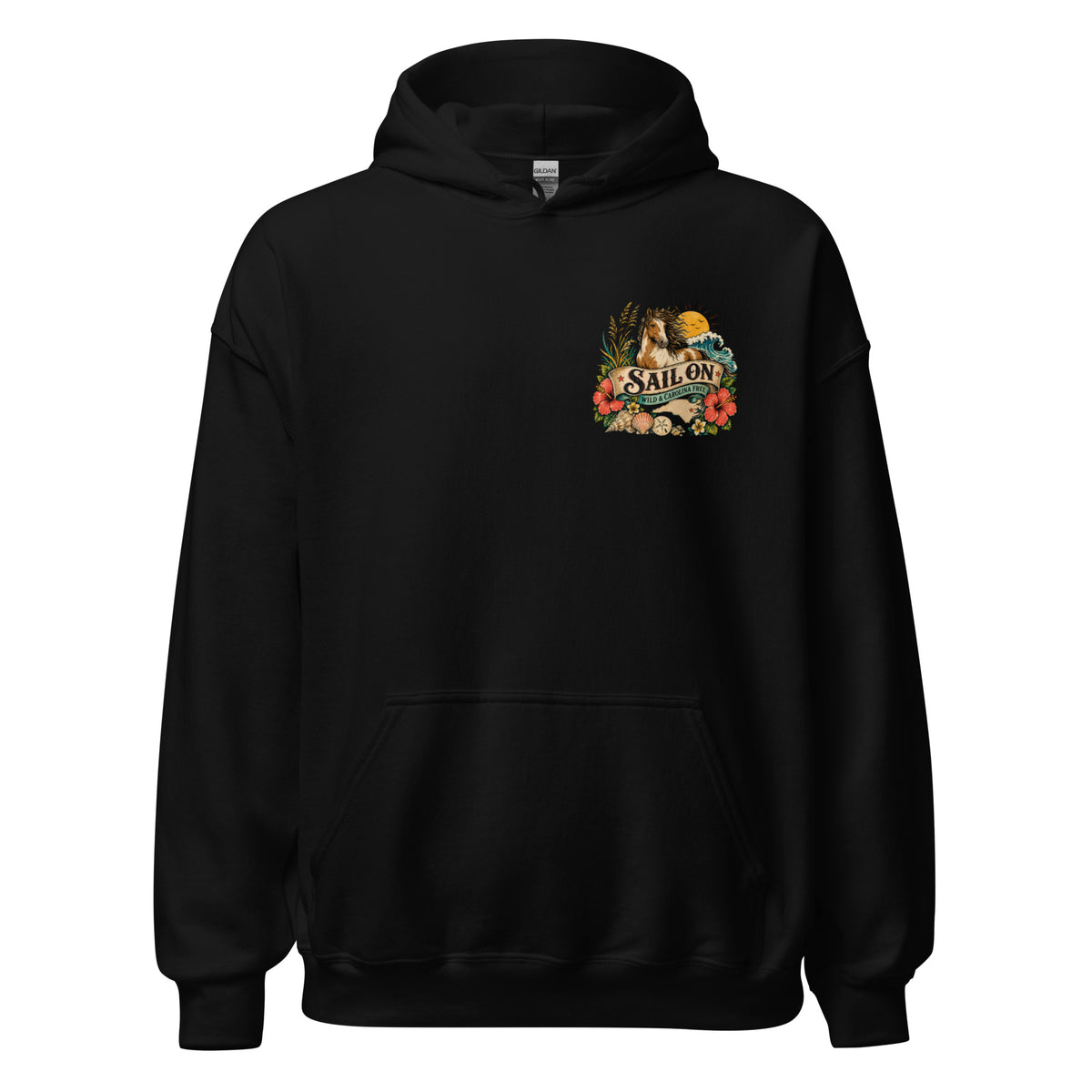 Wild and Carolina Free Hoodie in Black, front view with Sail On left-chest logo
