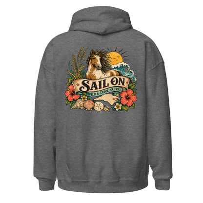 Wild and Carolina Free Hoodie in Graphite Heather, back view with full Sail On Wild and Carolina Free back print
