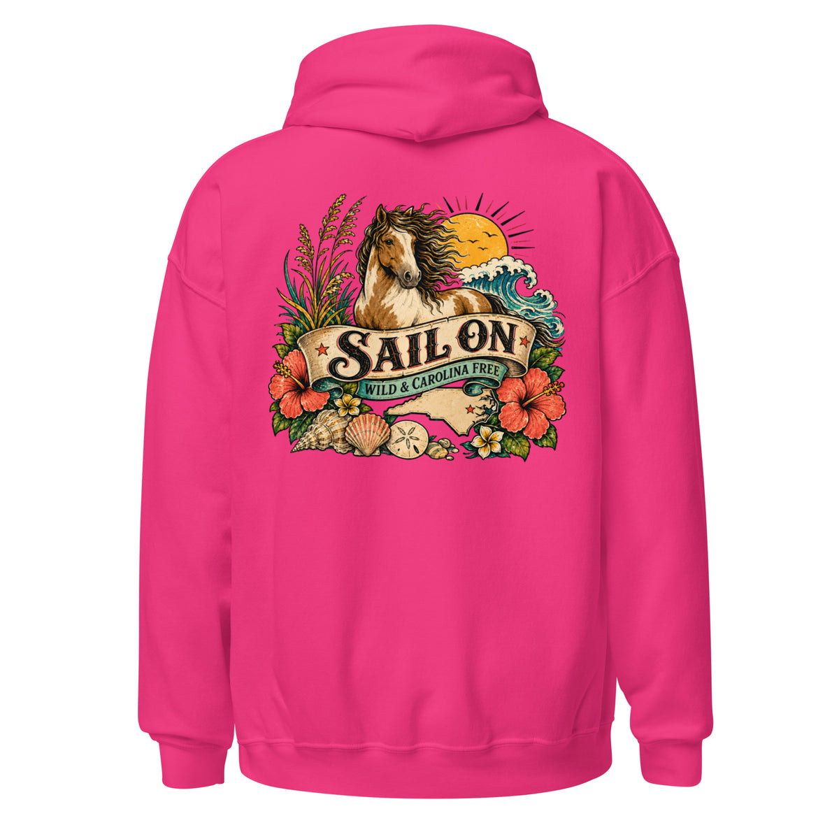 Wild and Carolina Free Hoodie in Heliconia, back view with full Sail On Wild and Carolina Free back print