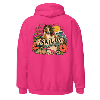 Wild and Carolina Free Hoodie in Heliconia, back view with full Sail On Wild and Carolina Free back print