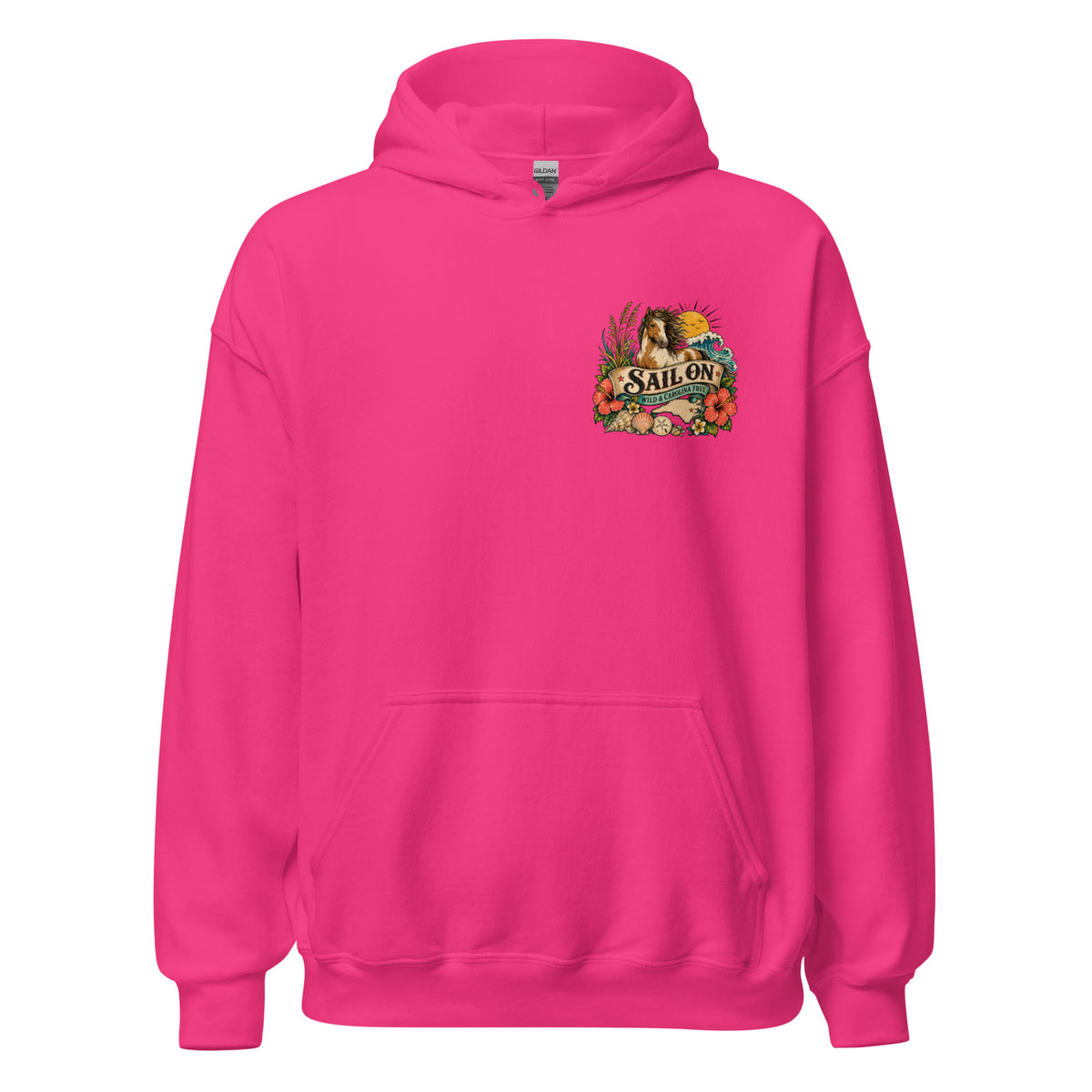 Wild and Carolina Free Hoodie in Heliconia, front view with Sail On left-chest logo