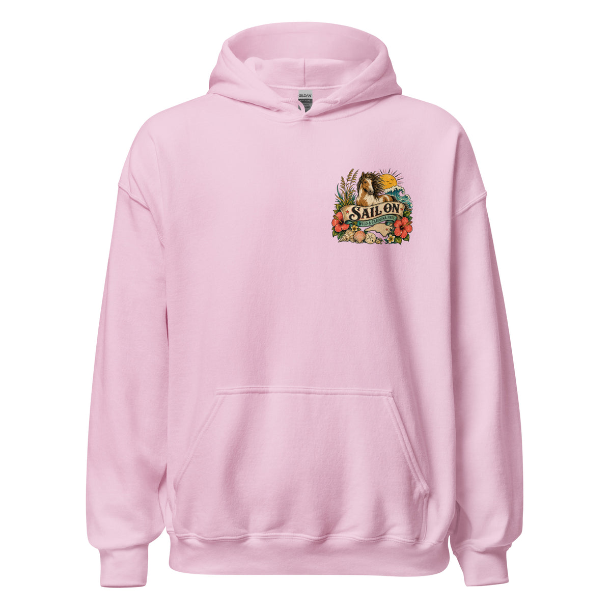 Wild and Carolina Free Hoodie in Light Pink, front view with Sail On left-chest logo