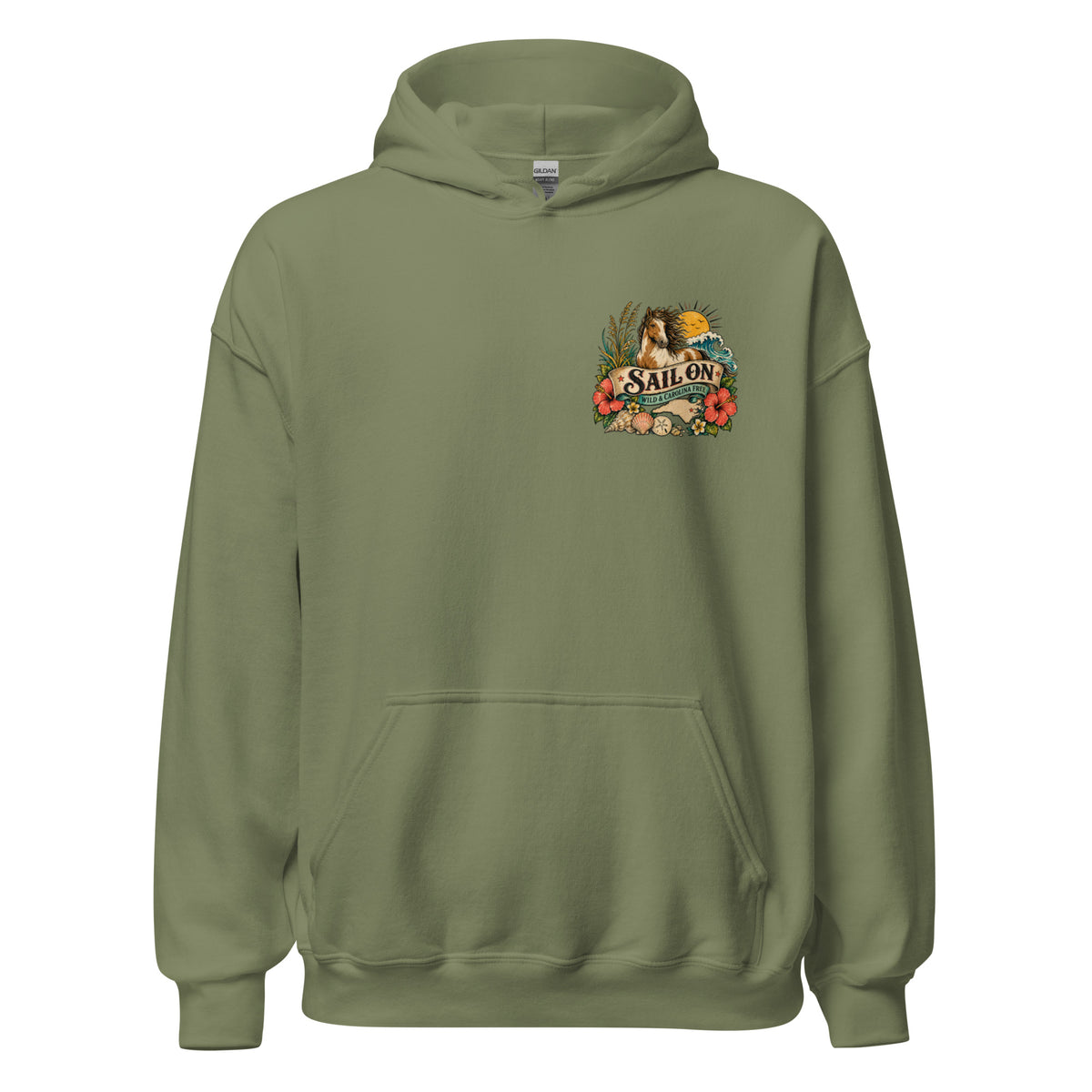 Wild and Carolina Free Hoodie in Military Green, front view with Sail On left-chest logo
