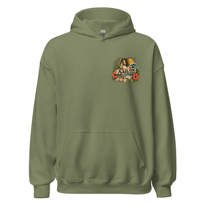 Wild and Carolina Free Hoodie in Military Green, front view with Sail On left-chest logo