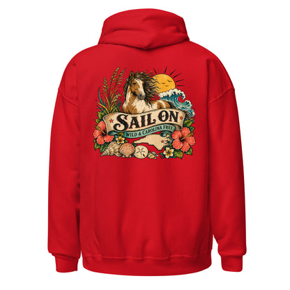 Wild and Carolina Free Hoodie in Red, back view with full Sail On Wild and Carolina Free back print