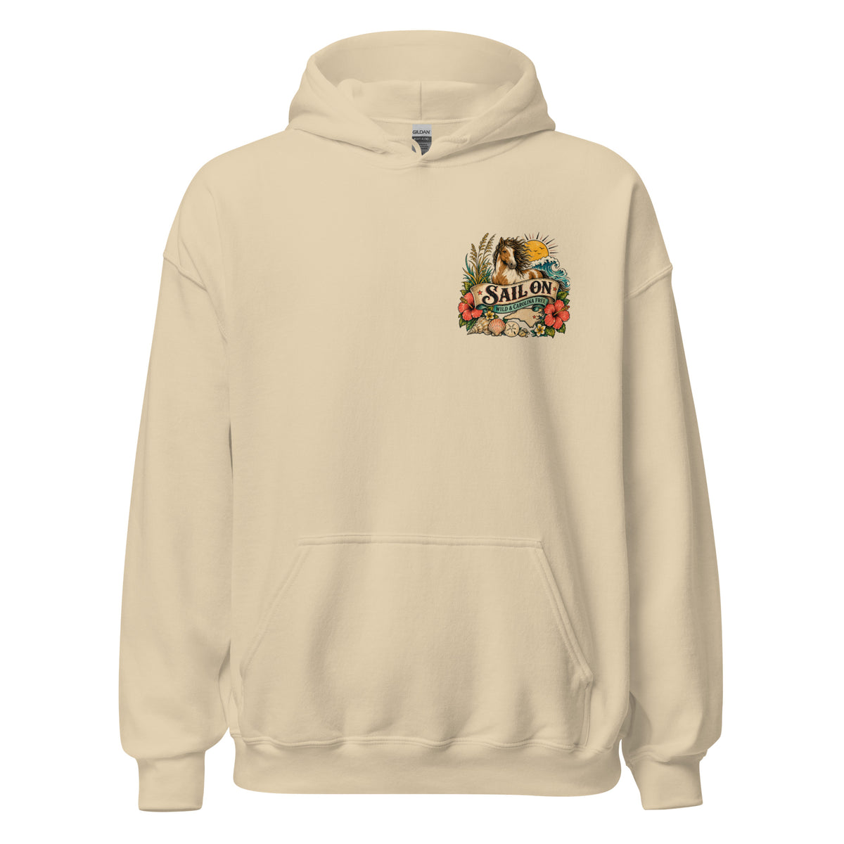 Wild and Carolina Free Hoodie in Sand, front view with Sail On left-chest logo
