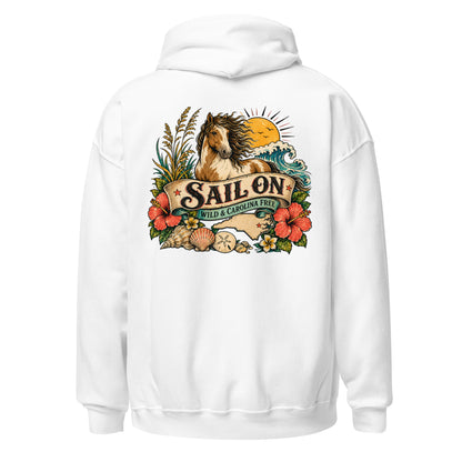 Wild and Carolina Free Hoodie in White, back view with full Sail On Wild and Carolina Free back print