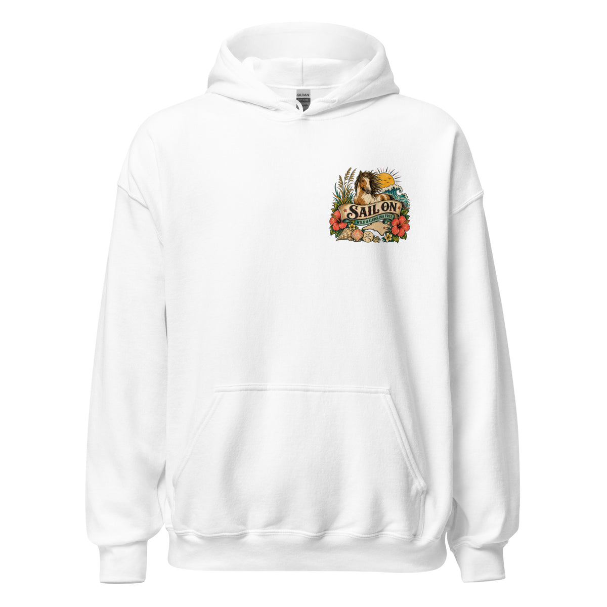 Wild and Carolina Free Hoodie in White, front view with Sail On left-chest logo